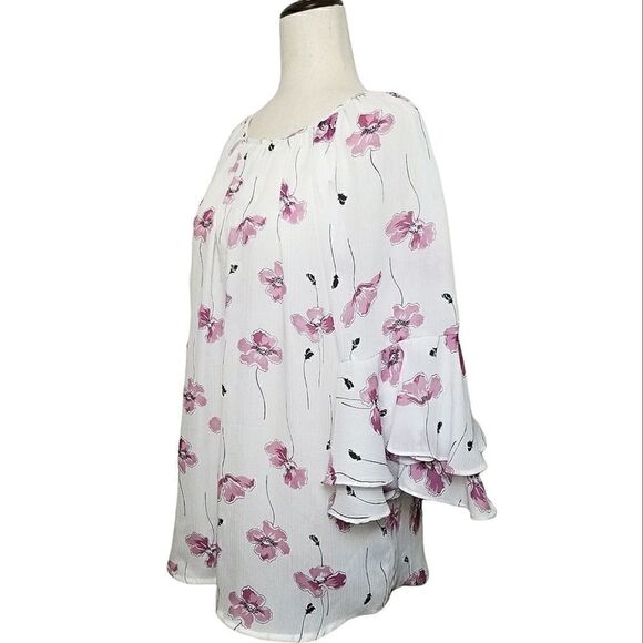 Chaps White & Pink Floral 3/4 Ruffle Sleeve Keyhole Chiffon Blouse Size M - Picture 2 of 6